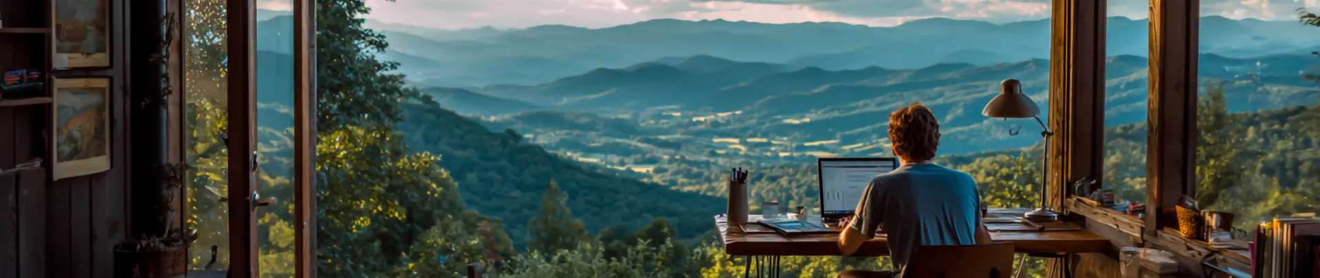 Een ondernemer is aan het werken met uitzicht op de bergen