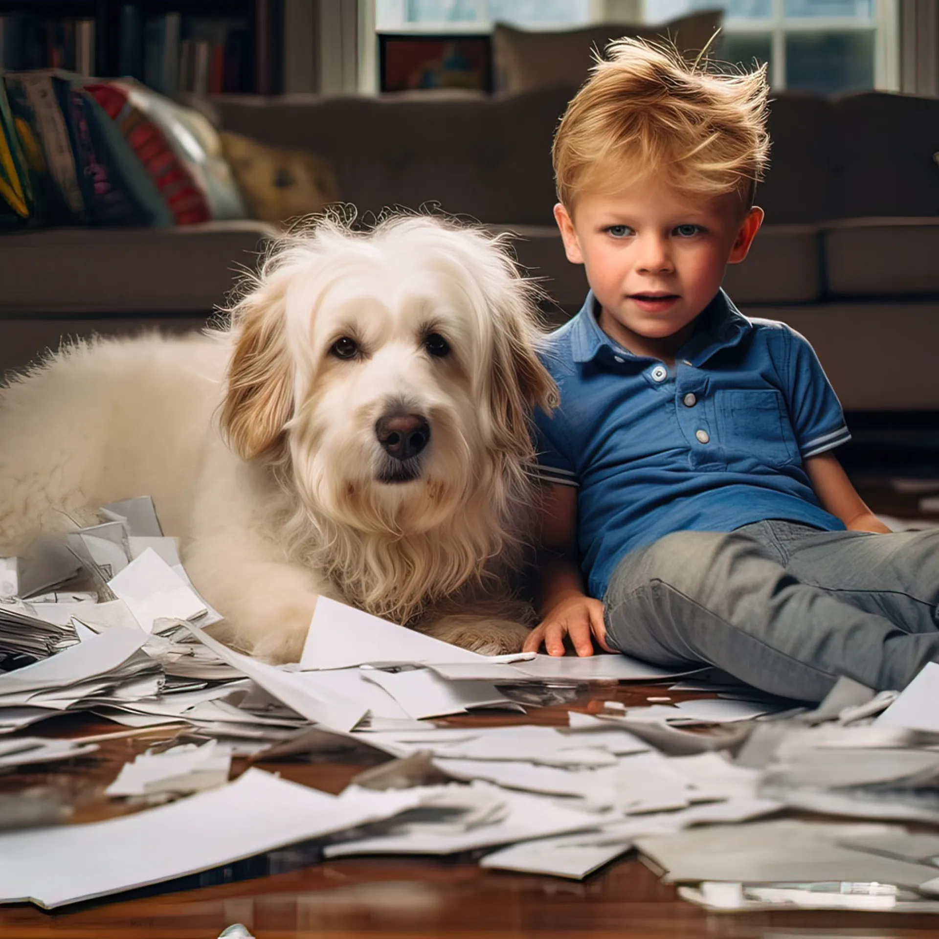Een hond en een kind die papieren vernietigen en kattenkwaad uithalen midden in een kamer