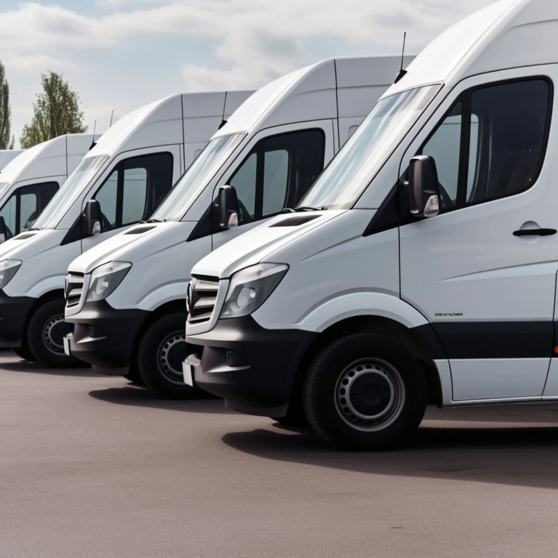 witte bestelwagens geparkeerd in rij.